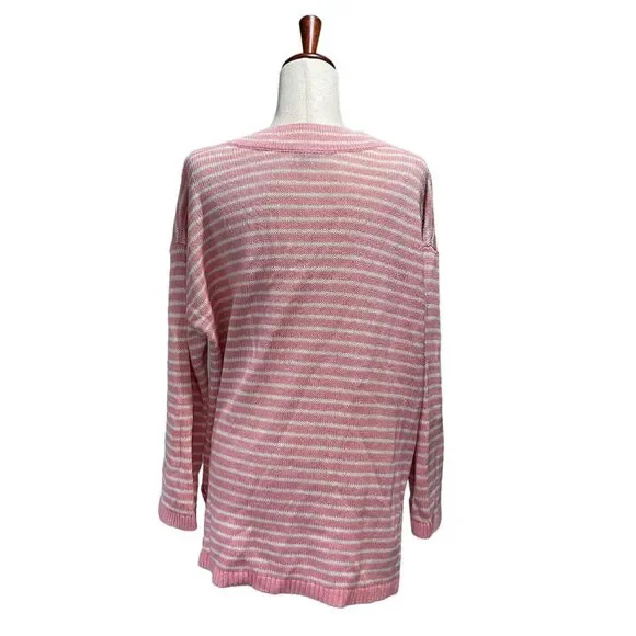 Talbots Sweater 1X Women's Pink & White Striped V-Neck Linen Cotton Longsleeve - Picture 3 of 9